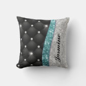 シックガーリーシルバーフェイクグリッターブラックティール（緑がかった色）モノグラム クッション (正面)