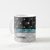 シックガーリーシルバーフェイクグリッターブラックティール(緑がかった色)モノグラム コーヒーマグカップ (正面左)