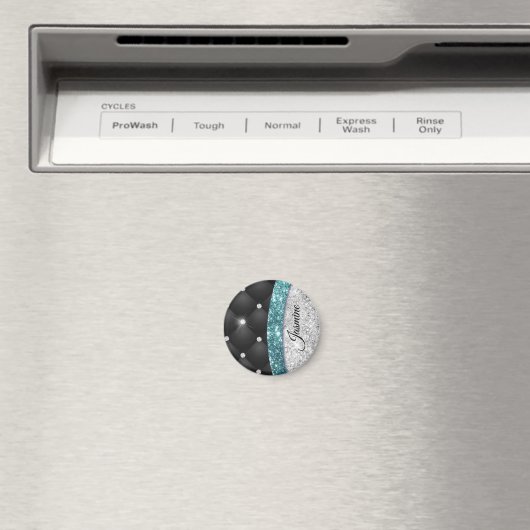 シックガーリーシルバーフェイクグリッターブラックティール（緑がかった色）モノグラム マグネット (インサイチュ (食洗機))