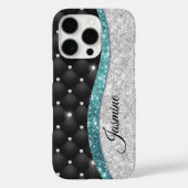 シックガーリーシルバーフェイクグリッターブラックティール（緑がかった色）モノグラム Case-Mate iPhoneケース (裏面)