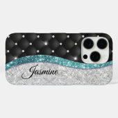 シックガーリーシルバーフェイクグリッターブラックティール（緑がかった色）モノグラム Case-Mate iPhoneケース (裏面 (横))