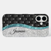 シックガーリーシルバーフェイクグリッターブラックティール(緑がかった色)モノグラム Case-Mate iPhoneケース (裏面 (横))