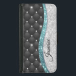 シックガーリーシルバーフェイクグリッターブラックティール（緑がかった色）モノグラム GALAXY S5 ウォレットケース<br><div class="desc">シックでかわいらしエレガントシルバーのティール（緑がかった色）のターコイズアクアグリッターとラインストーンと黒のタフタきらきら光るデザインと特別なを作成する特別なデバイスを作成します。トレンドモダンに精通しカッコいい、芸術を愛するお尻トレンドセッターのための美しい、カバー。この洗練スタイリッシュされたデザインは素晴らし、上品なスパークルなデザインを着楽しむている女の子のためだろう。あなたの個人的なスタイルを見せ、ファッショナブルに見せ、感じトレンディーとあなたのSamsung銀河系のケースにユニークのデザインとカスタマイズ、またはあなたの選択の別の製品にスタイリッシュそれをする。バレンタインの日、クリスマス、または一般的な贈り物として素晴らしは、輝かしいエレガンスを愛する女性のためのギフトのアイディアモダンを作る。ご注意：これらはフラットプリントされたグラフィックで実在、グリッター、宝石、または隆起部品は含まれない。</div>