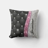 シックガーリーシルバーフェイクグリッターブラックピンクモノグラム クッション (正面)