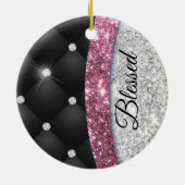 シックガーリーシルバーフェイクグリッターブラックピンクモノグラム セラミックオーナメント (裏面)