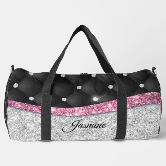 シックガーリーシルバーフェイクグリッターブラックピンクモノグラム ダッフルバッグ (正面)