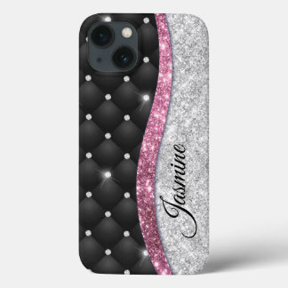 シックガーリーシルバーフェイクグリッターブラックピンクモノグラム iPhone 13ケース