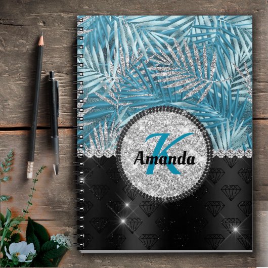 シックガーリーターコイズアクアグリッター葉モノグラム ノートブック