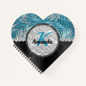 シックガーリーターコイズアクアグリッター葉モノグラム ノートブック (正面)