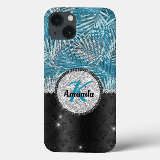 シックガーリーターコイズアクアグリッター葉モノグラム Case-Mate iPhoneケース (裏面)