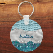 シックガーリーティール(緑がかった色)ミントグリーングリッター銀モノグラム キーホルダー (正面)