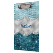 シックガーリーティール(緑がかった色)ミントグリーングリッター銀モノグラム クリップボード (左)