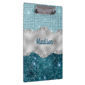 シックガーリーティール(緑がかった色)ミントグリーングリッター銀モノグラム クリップボード (右)