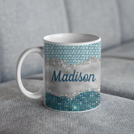 シックガーリーティール（緑がかった色）ミントグリーングリッター銀モノグラム コーヒーマグカップ