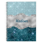シックガーリーティール(緑がかった色)ミントグリーングリッター銀モノグラム ノートブック (正面)