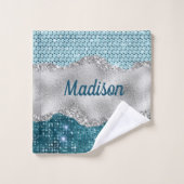 シックガーリーティール（緑がかった色）ミントグリーングリッター銀モノグラム バスタオルセット (ウォッシュタオル)