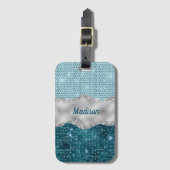 シックガーリーティール(緑がかった色)ミントグリーングリッター銀モノグラム ラゲッジタグ (正面縦)