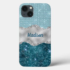 シックガーリーティール（緑がかった色）ミントグリーングリッター銀モノグラム iPhone 13ケース