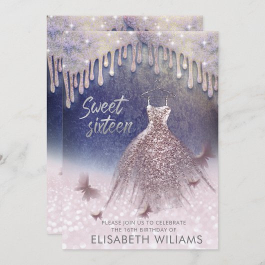 シックガーリードレスドリップバラ金ゴールド輝グラデーションき 招待状 (正面/裏面)