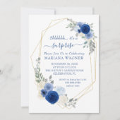 シックガーリーネイビーブルーフローラサプライズ誕生日 招待状 (正面)