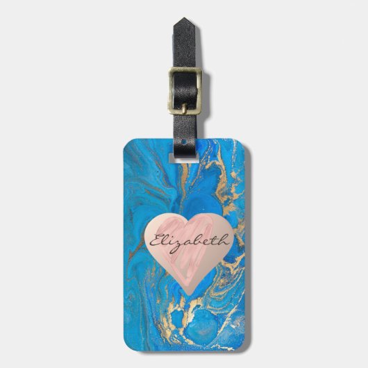 シックガーリーハート、ブルー金ゴールド大理石 – パーソナライズされた ラゲッジタグ (正面縦)