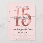 シックガーリーバラフェイク金ゴールド赤面ピンクキンセアニラ 招待状 (正面/裏面)