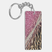 シックガーリーヒョウ印刷ピンクグリッター キーホルダー (正面左)