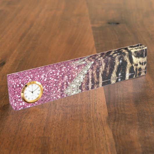 シックガーリーヒョウ印刷ピンクグリッター デスクネームプレート (側面)