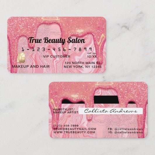 シックガーリーピンクグリッターマーブルドリップスクレジット 名刺 (正面/裏面)