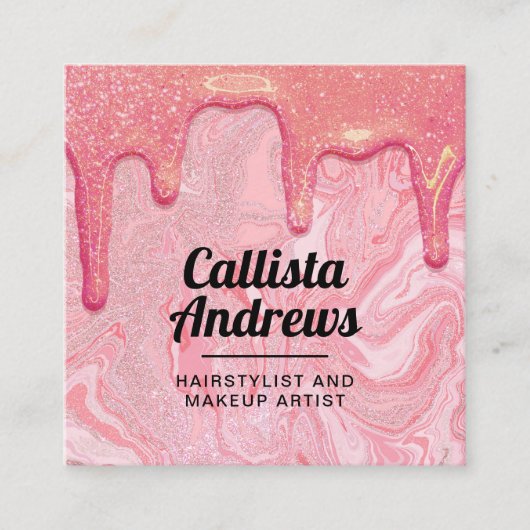 シックガーリーピンクグリッターマーブルドリップ スクエア名刺 (正面)