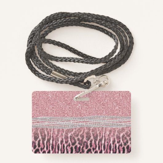 シックガーリーピンクヒョウアニマルプリントグリッター画像 バッジ (裏面ランヤード)