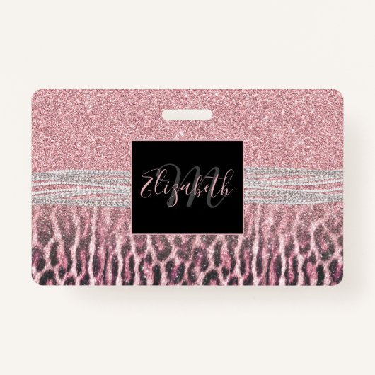 シックガーリーピンクヒョウアニマルプリントグリッター画像 バッジ (正面)