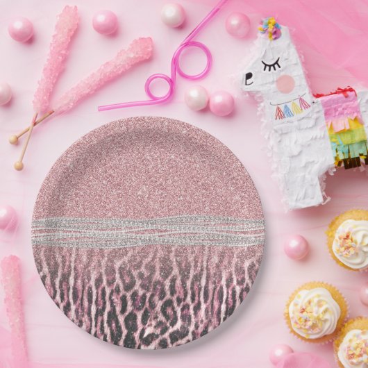 シックガーリーピンクヒョウアニマルプリントグリッター画像 ペーパープレート (パーティー)