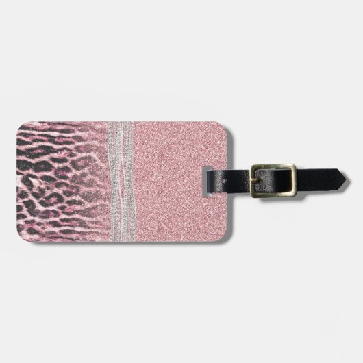 シックガーリーピンクヒョウアニマルプリントグリッター画像 ラゲッジタグ (正面横)