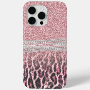 シックガーリーピンクヒョウアニマルプリントグリッター画像 iPhone 15 PRO MAXケース