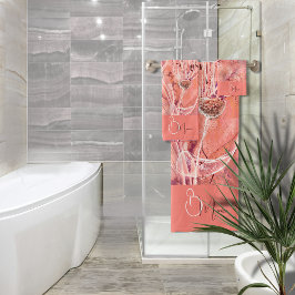 シックガーリーピーチピンク花モノグラム バスタオルセット