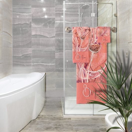 シックガーリーピーチピンク花モノグラム バスタオルセット