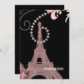 シックガーリーブラック&ピンクパリエッフェルタワー 招待状 (正面/裏面)