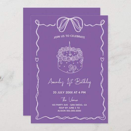 シックガーリーボウケーキファースト誕生日招待状 招待状 (正面/裏面)