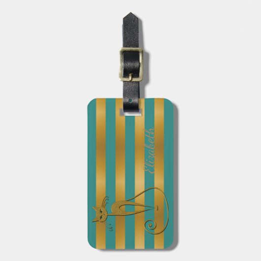 シックガーリーモダンでキラキラした猫 – ストライプ ラゲッジタグ (正面縦)