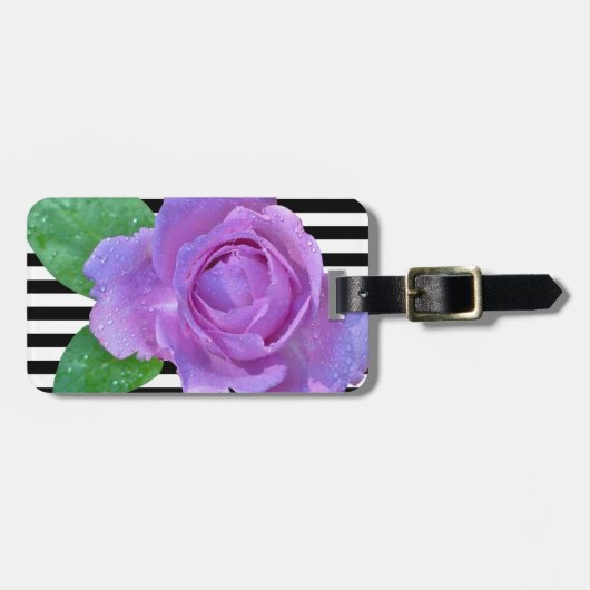 シックガーリーモダンフラワーパープルバラ,ストライプ ラゲッジタグ (正面横)