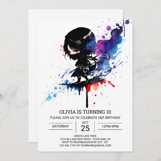 シックガーリー忍者編集可能誕生日 招待状 (正面/裏面)