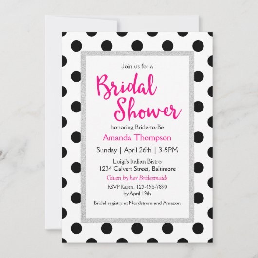 シックガーリー水玉模様とホットピンクブライダルシャワー 招待状 (正面)