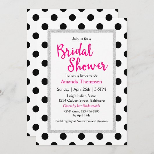 シックガーリー水玉模様とホットピンクブライダルシャワー 招待状 (正面/裏面)