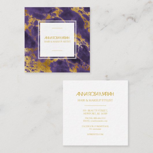 *~*シックガーリー金ゴールドパープルマーブルヘアメイクアップ スクエア名刺 (正面/裏面)
