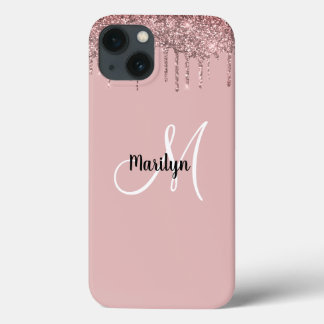 シックガーリー金ゴールドピンクグリッタードリップモノグラム名D iPhone 13ケース