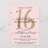 シックガーリー金ゴールドフェイクグリッター赤面ピンクスウィート16 招待状 (正面/裏面)