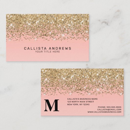 シックガーリー金ゴールド紙吹雪ピンク勾配モノグラム 名刺 (正面/裏面)