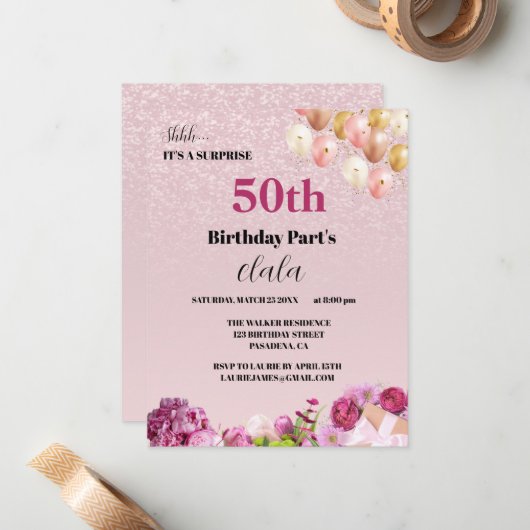 シックガーリー50thサプライズ誕生日パーティーへの招待 ノートカード (正面/裏面インサイチュ)