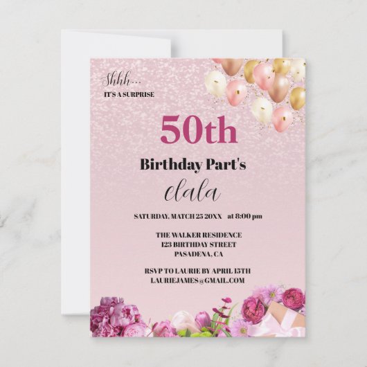 シックガーリー50thサプライズ誕生日パーティーへの招待 ノートカード (正面)